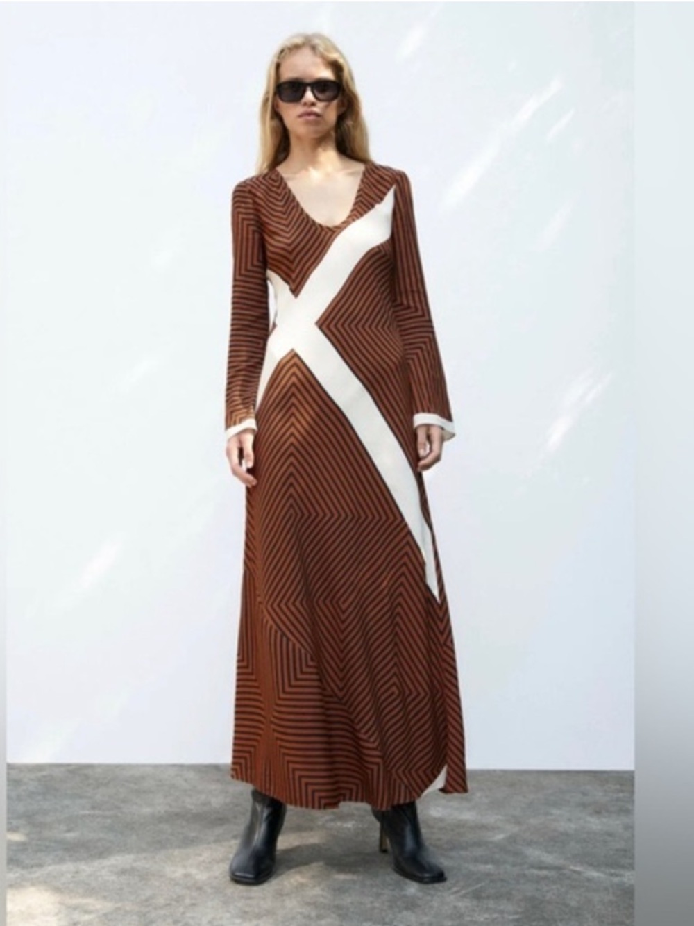 Zara Brown and White Geometric Stripe Maxi Dress Long Sleeve